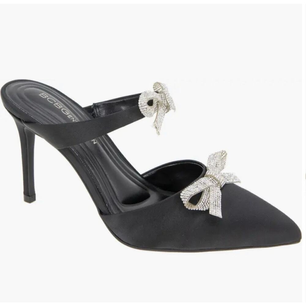 BCBGeneration Size 11 Bardia Black Rhinestone Bows Dress Shoes Mules Heels